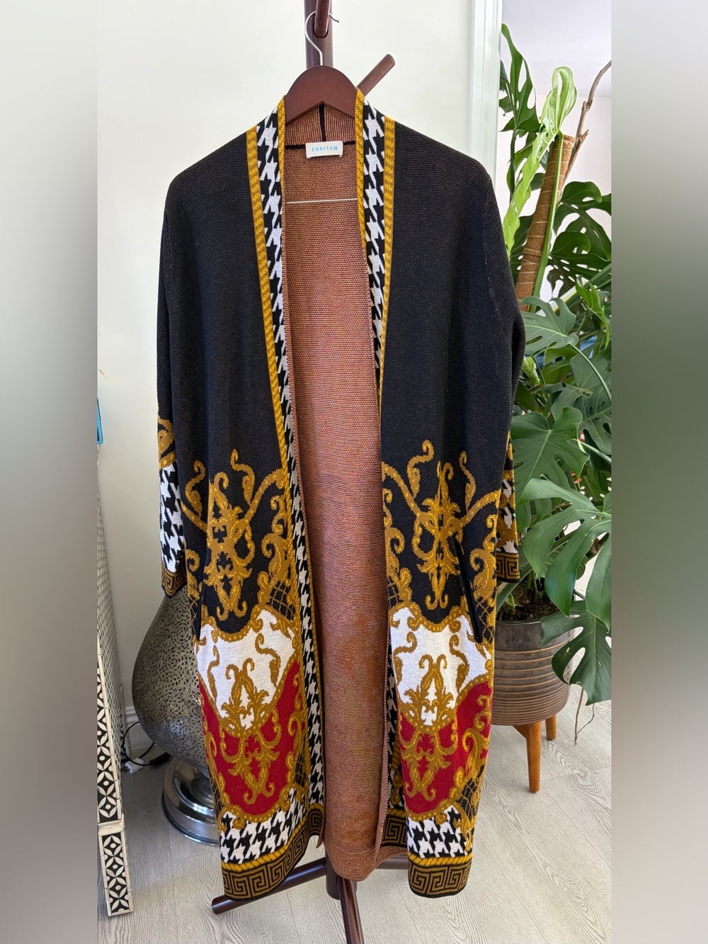 Embellished Black & Gold Open-Front Coatigan by